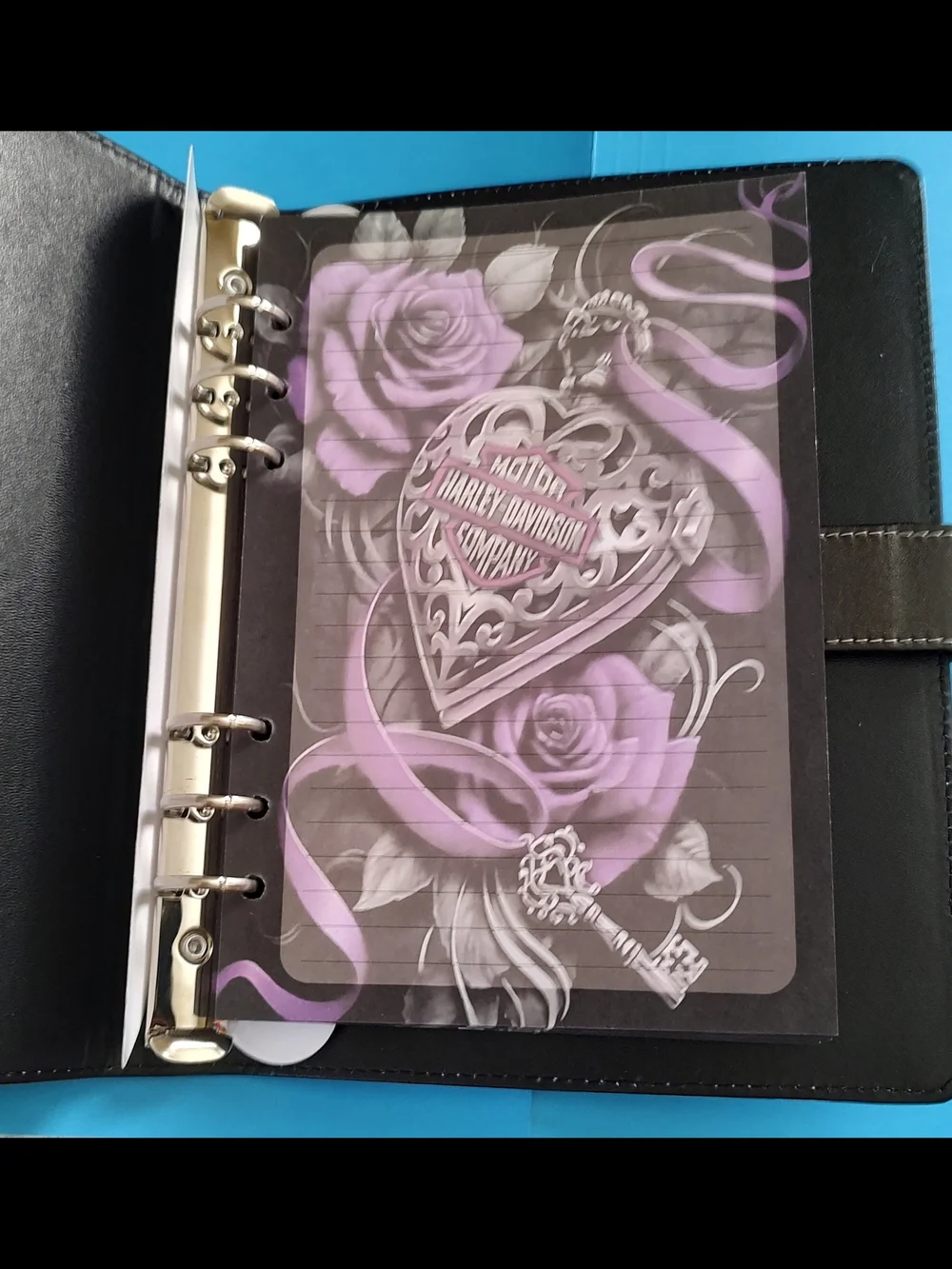 Harley-Davidson Black and Purple Heart & Rose Binder With Matching Designer Pape